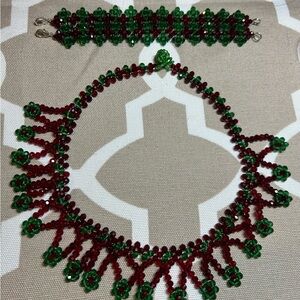 Handmade Elegant Red and Green Beaded Necklace and Bracelet Set